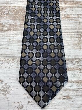 Statements 100% Silk Tie Gray Black Tan Plaid Check Necktie Mens 58”